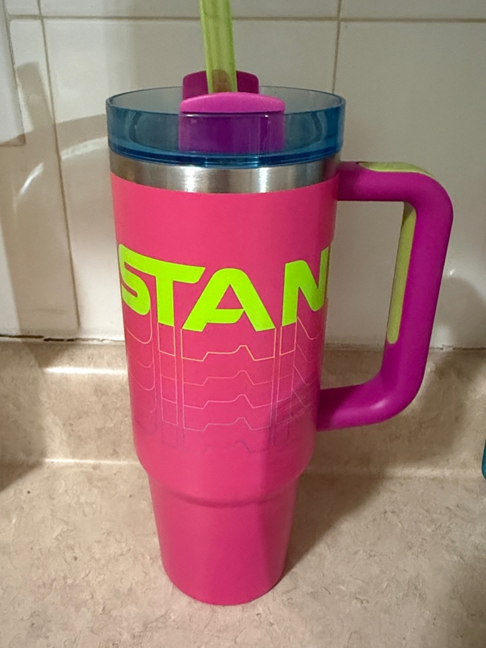 Stanley Vivid Violet Reverb 40 oz Travel Tumbler with Lime Accent and Blue Lid